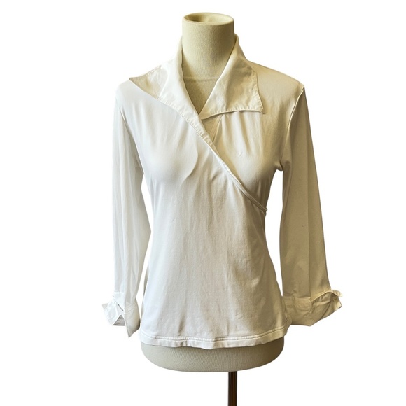 SOLD ANNE FONTAINE SURPRISE TOP 40 6-8 WHITE WRAP 3/4 SLEEVE STRETCH PIMA COTTON - Picture 2 of 12